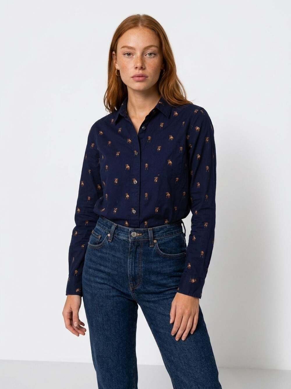 J. Crew Women's Navy Blue Button-Down Shirt with All-Over Bulldog Print poplin
